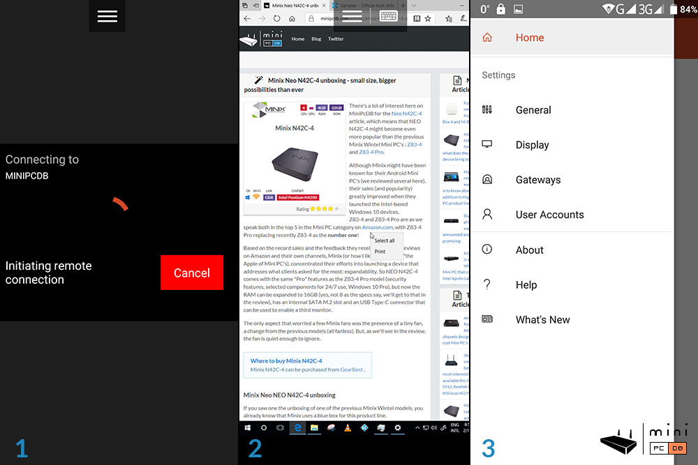 Minix NEO N42C-4 : Remote Desktop app screens. 1 : connecting; 2 : connected; 3 : app menu