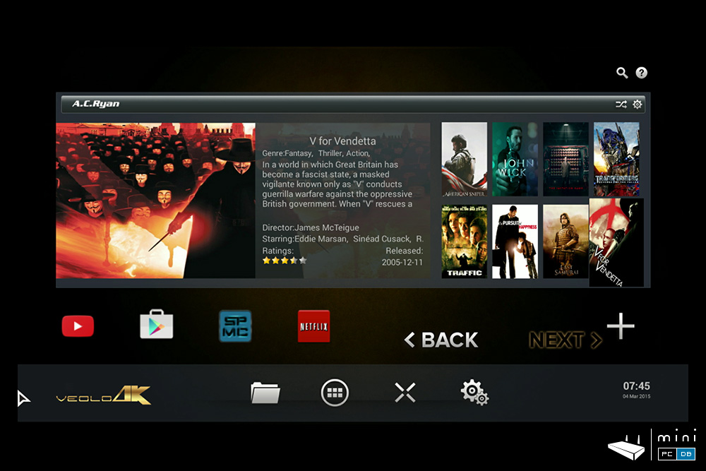 Main menu for AC Ryan Veolo 4K. This custom launcher is addressed to movie enthusiasts