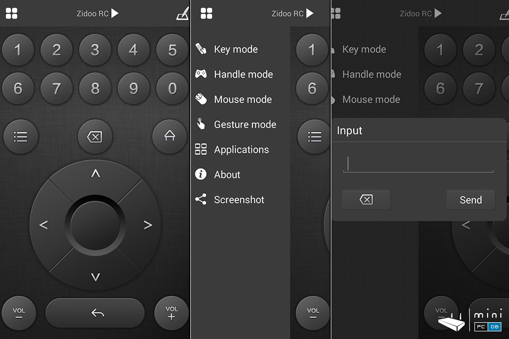 Zidoo RC app on an android smartphone. From left to right we have the Key mode, main menu, and the text input method
